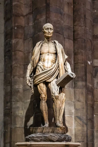 Milánó, Olaszország - 2019. március 8.: Szent Bertalan szobra Flayed egyike volt a 12 apostolnak és egy korai keresztény mártírnak, akit megnyúztak a milánói Duomo di Milano katedrálisban, a szobrászatban — Stock Fotó