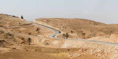Tepeleri, yolları ve palmiyeleri olan kahverengi ve sarı çöl kumları, Tunus, Afrika