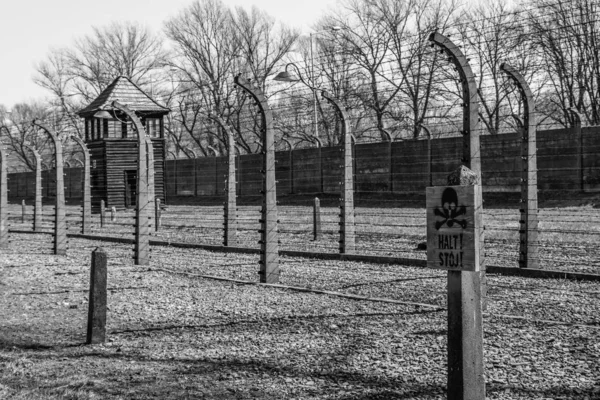 Imagen en blanco y negro del campo de concentración y exterminio nazi alemán de Auschwitz en Polonia —  Fotos de Stock