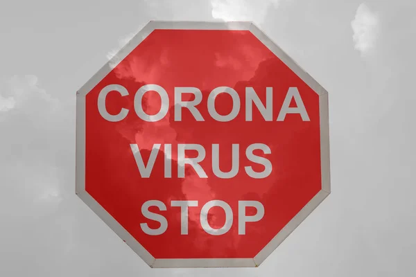 文字横幅"Corona病毒"，带有红色停止符号，背景抽象 — 图库照片