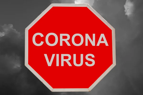 Textbanner "Coronavirus" mit rotem Stoppschild auf abstraktem Hintergrund — Stockfoto