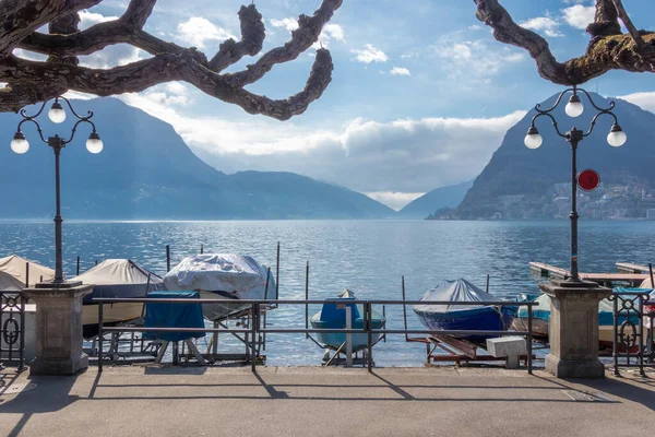 Small harbor of Lugano with old fishing boats, Switzerland — Stock Photo, Image