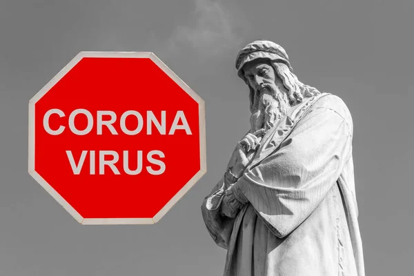 Statua Leonardo Vinci Stop Rosso Del Virus Corona — Foto Stock