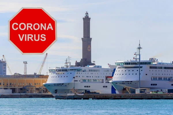 Due Navi Crociera Lusso Sul Porto Con Segnale Stop Che — Foto Stock