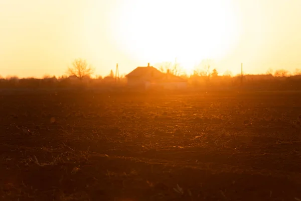 Pôr Sol Área Rural Sobre Campo Agrícola Vista Turva Distante — Fotografia de Stock