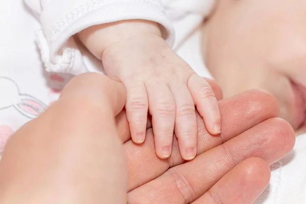 Newborn Baby Holding Mother Hand Close Main Focus Newborn Baby — Stock Photo, Image