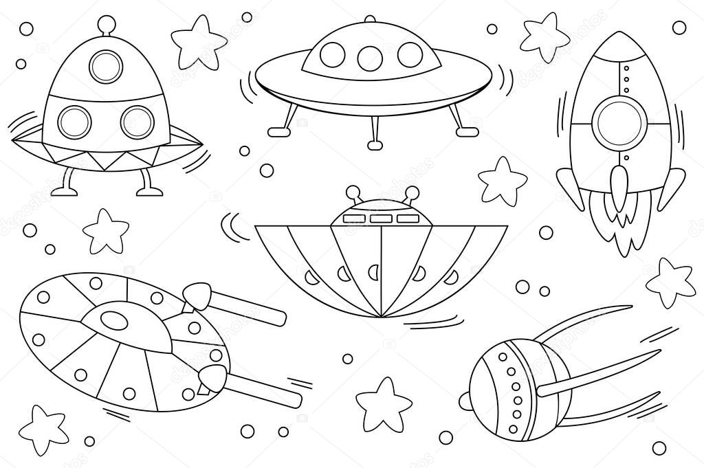 kids coloring page with spaceships