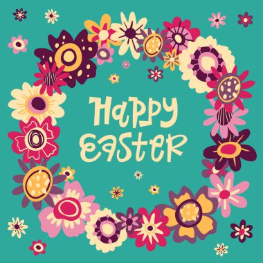 Renkli bahar çiçekleri ve yumurtaları olan mutlu Paskalya mektupları. Vektör illüstrasyonu