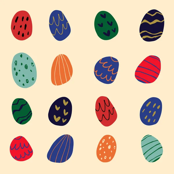 행복 한 부활절의 요소들, 다양 한 질감, 색깔, 무늬가 흰색 배경에 있는 달걀들. 벡터 일러스트. — 스톡 벡터