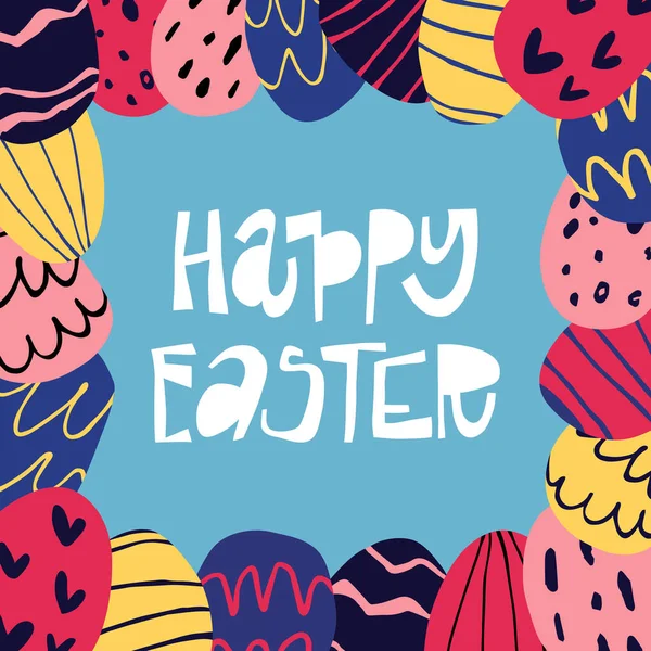 Renkli bahar çiçekleri ve yumurtaları olan mutlu Paskalya mektupları. Vektör illüstrasyonu