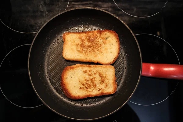 Hot Appetizing Fried White Wheat Bread Pan Black Background — Stock Photo, Image