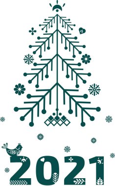 Halk sanatı tarzında yeni yıl kartı. İskandinav tarzı. Ağaç