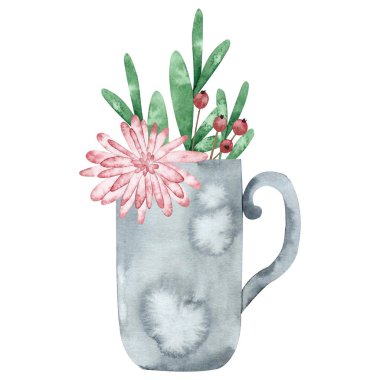 Çiçekli kupa, böğürtlen ve yapraklı. El çizimi bahar çizimi, beyaza izole edilmiş. Tebrik kartı, kartpostal, davetiye, poster, kartvizit tasarımı için mükemmel.