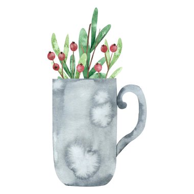 Böğürtlen ve yapraklı kupa. El çizimi bahar çizimi, beyaza izole edilmiş. Tebrik kartı, kartpostal, davetiye, poster, kartvizit tasarımı için mükemmel.