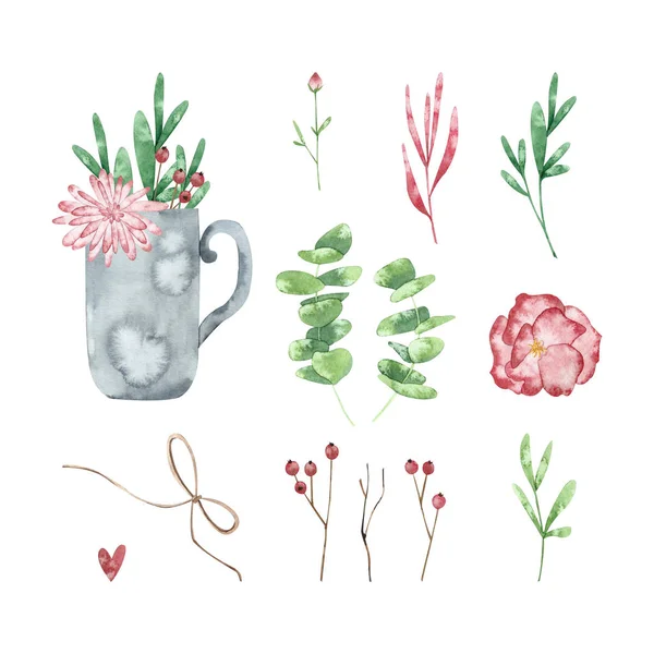 Aquarel Set Met Mok Bloemenelementen Met Hand Getekend Voorjaar Illustratie — Stockfoto