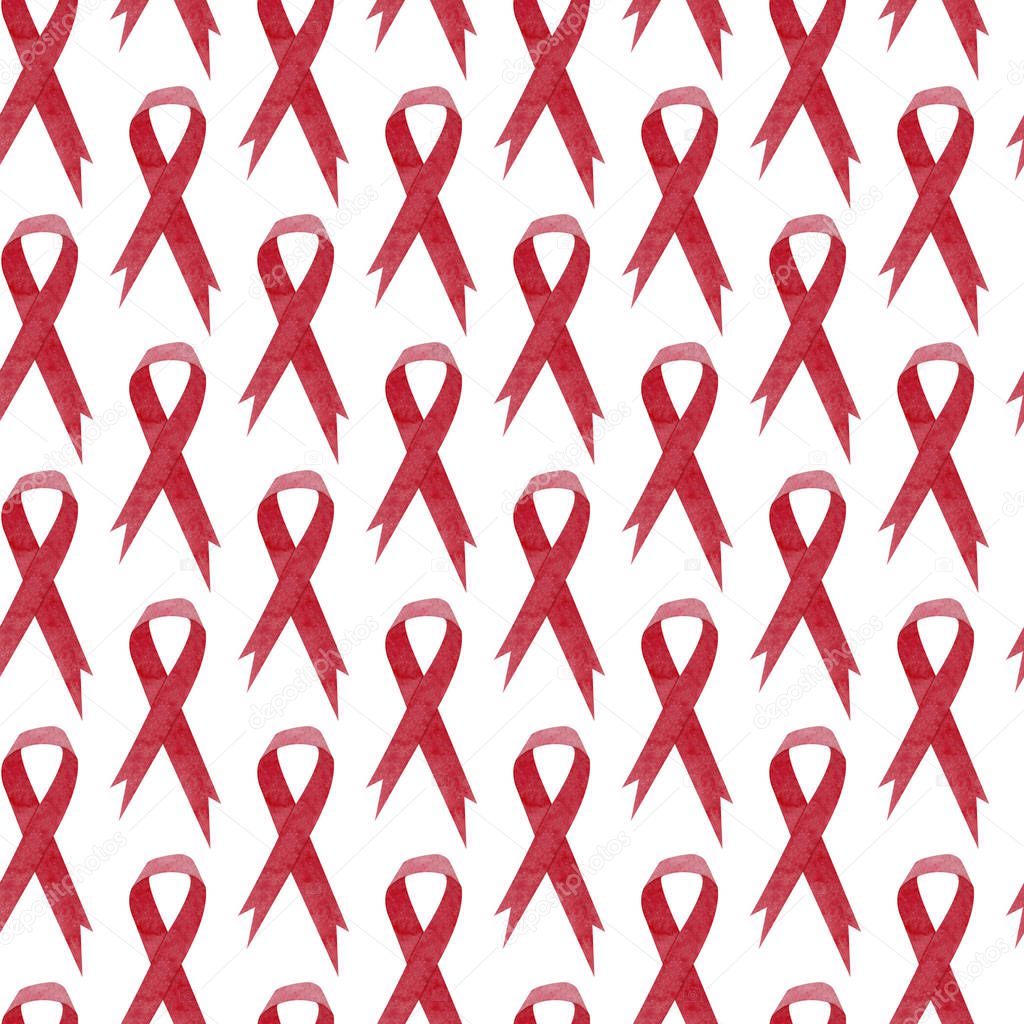 Watercolor seamless pattern of red ribbons on white background. National youth HIV and AIDS awareness day. Blood cancer