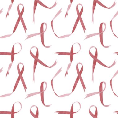 Beyaz arkaplandaki suluboya kanser farkındalığı kurdelelerinin kusursuz deseni.