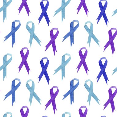 Beyaz arkaplandaki suluboya kanser farkındalığı kurdelelerinin kusursuz deseni.