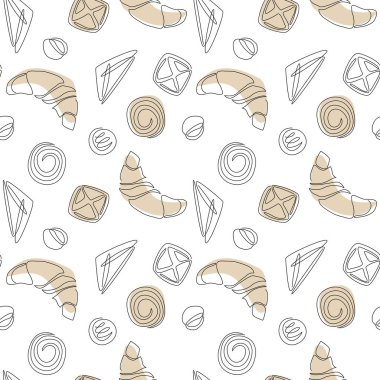 Devamlı ayçöreği ve çörekleri olan kusursuz bir şekil. Logo, ambalaj tasarımı, tekstil, ambalaj kağıdı için fırın ürünü