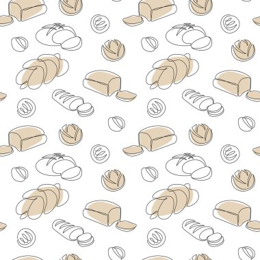 Devamlı çizgi ekmekleri olan desen. Vektör hattı sanatı. Pastane logosu, kartvizit, kafe menüsü, restoran afişleri, yemek ilanları, ikon, ambalaj tasarımı için mükemmel.