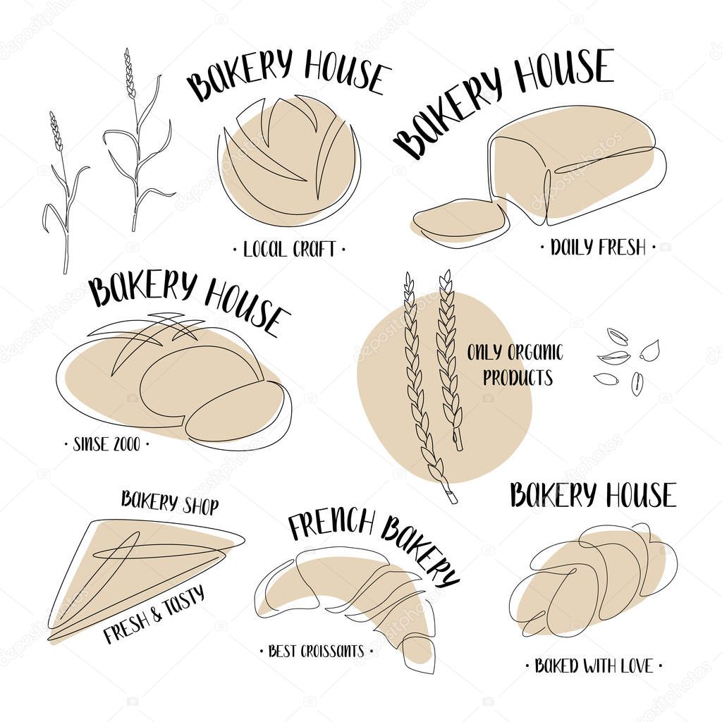 Set with continuous line breads. Vector line art. Perfect for bakery shop logo, business cards, cafe menu, restaurant banners, food flyers, icon, packaging design
