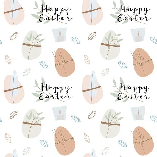 Pattern Happy Easter Holiday Eggs Twigs Leaves Feathers Soft Pastel — Stock Vector