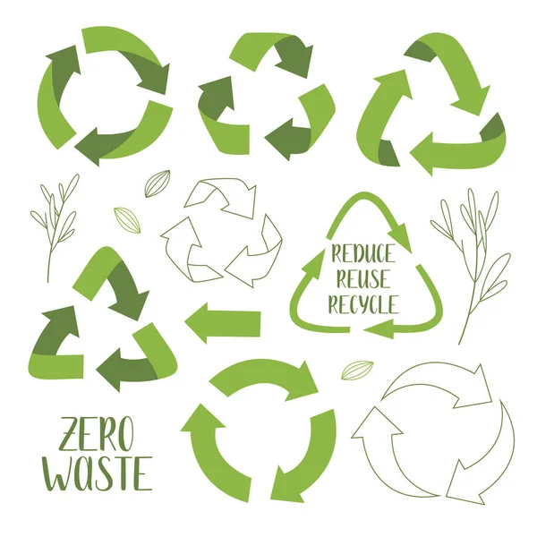 Set Green Zero Waste Symbols Isolated White Background — Stock Vector