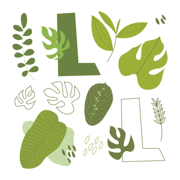 熱帯の葉を持つL文字のセット — ストックベクタ