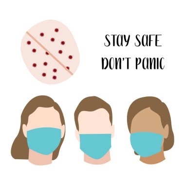 Mavi tıbbi maskeli insanlar. Dikkatli ol, panik yapma. Coronavirus salgını (covid-19). Koronavirüs karantinası kavramı. Vektör pürüzsüz desen çizimi.