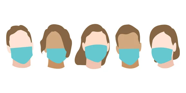 Mavi tıbbi maskeli insanlar. Dikkatli ol, panik yapma. Coronavirus salgını (covid-19). Koronavirüs karantinası kavramı. Vektör pürüzsüz desen çizimi.