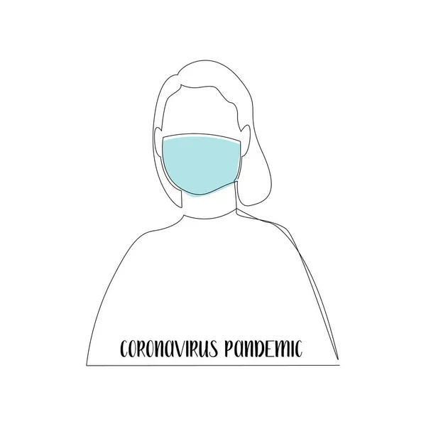 Oavbruten Linje Dragen Kvinna Medicinsk Ansiktsmask Coronaviruspandemi Covid Begreppet Karantän — Stock vektor