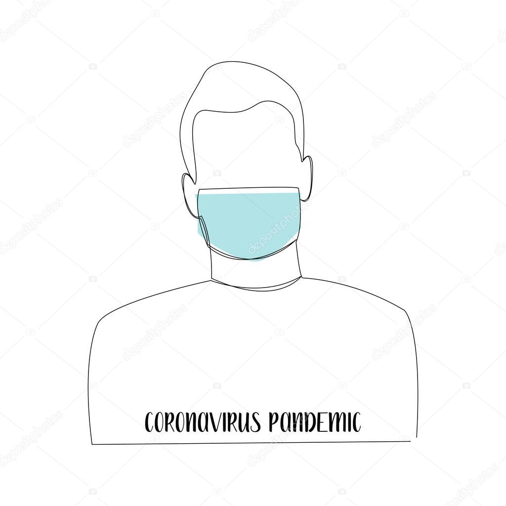 One continuous line drawn man in medical face mask. Coronavirus pandemic (covid-19). Concept of coronavirus quarantine. Line art, vector illustration.