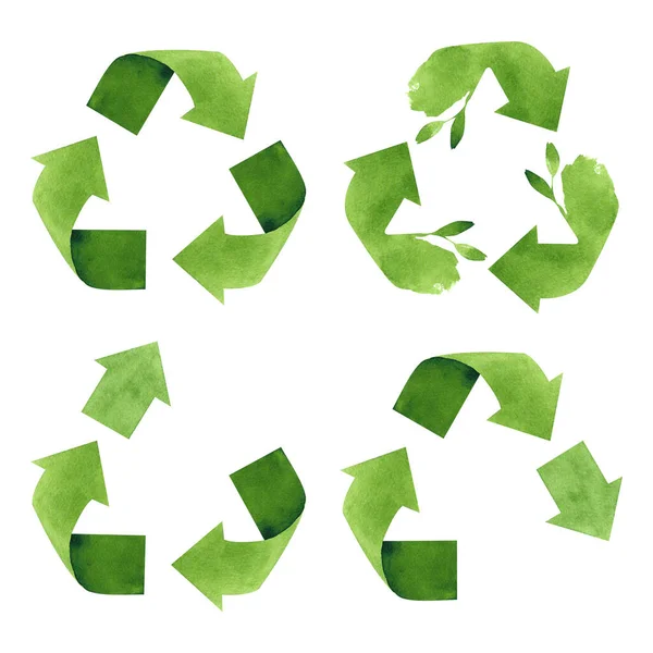 Aquarell Recycling Upcycling Und Downcycling Schilder Isoliert Auf Weißem Hintergrund — Stockfoto