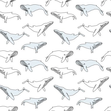 Balinalarda vektör kusursuz desen. Mavi balina, kambur balina. Devamlı bir memeli hattı. Baskı, poster, tekstil, ambalaj kağıdı için mükemmel.