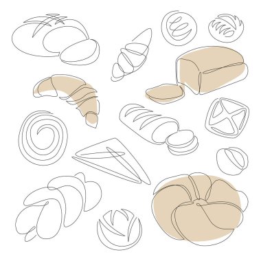 Devamlı ekmek ve çöreklerle ayarlayın. Vektör hattı sanatı. Logo, ambalaj tasarımı, simge, markalaşma için fırın ürünü