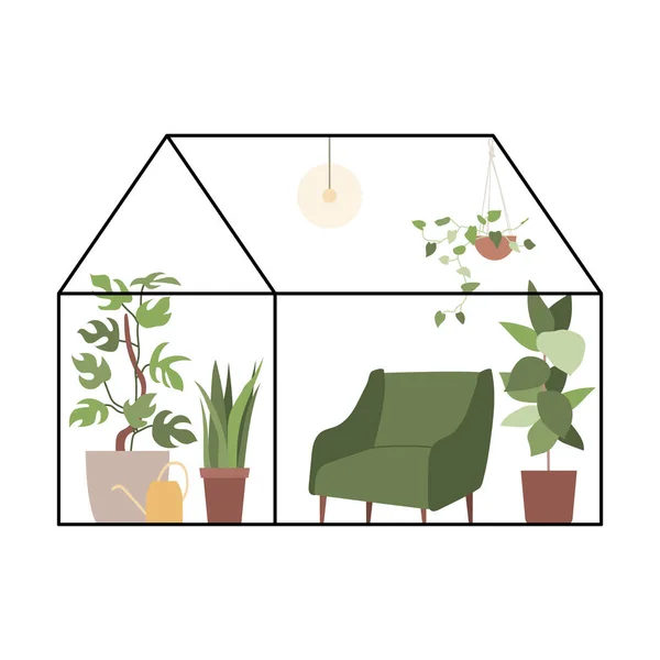 Rumah Kaca Diatur Dengan Tanaman Rumah Dan Pot Konsep Kebun - Stok Vektor