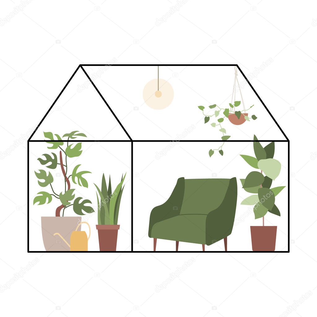 Greenhouse. Set with house plants and pots. Concept of botanical garden, home gardening. Hand drawn vector illustration in flat cartoon style. Perfect for poster, sticker, print, card. 