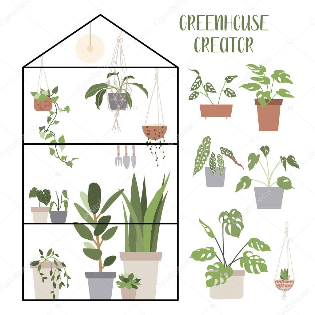 Greenhouse Creator. Big set with house plants and pots. Concept of botanical garden, home gardening. Hand drawn vector illustration in flat cartoon style. Perfect for poster, sticker, print, card. 