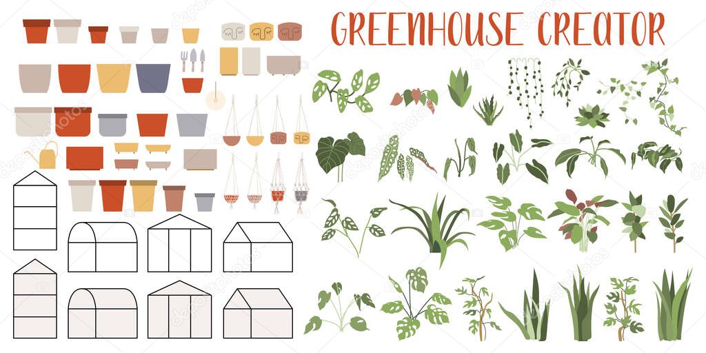 Greenhouse Creator. Big set with house plants and pots. Concept of botanical garden, home gardening. Hand drawn vector illustration in flat cartoon style. Perfect for poster, sticker, print, card. 