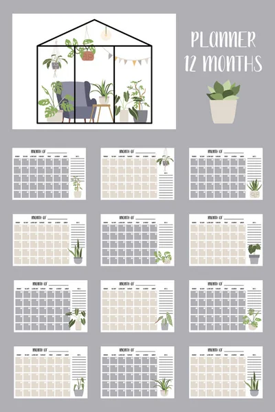 Set Eternal Monthly Planner Hand Drawn Greenhouse Potted Plants Perfect — Stock Vector