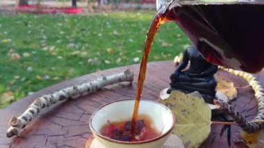 Çay içiyorum. Seremoni Chinnes çayı. Doğa parkında yavaş çekim videosu 