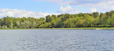 Bir su birikintisi bir şehir parkı karşı kıyıda