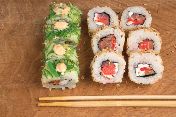 Sushi Rolls Wooden Board Delicious Food — Stock Photo, Image