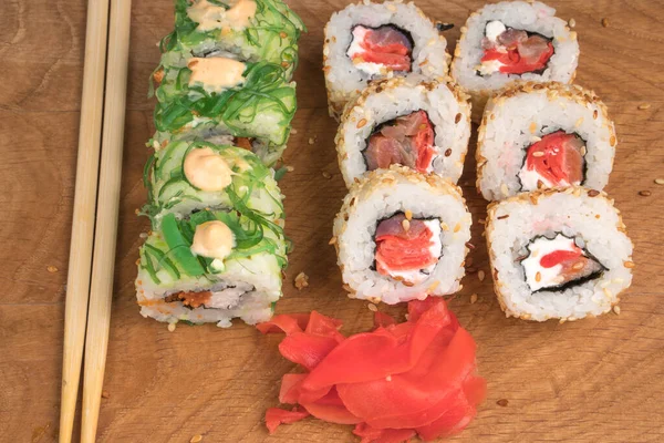 Sushi Rolls Wooden Board Delicious Food — Stock Photo, Image