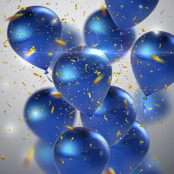 Blauwe ballonnen en gouden confetti. — Stockvector