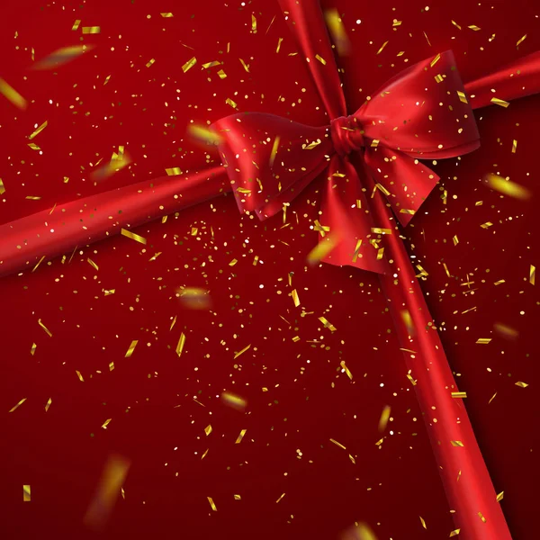 Red Bow, Ribbon And Golden Confetti. — ストックベクタ