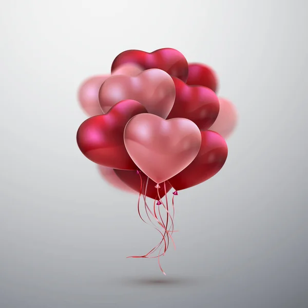 Av flygande gäng röda och rosa ballong hjärtan. Glad Alla hjärtans dag — Stock vektor