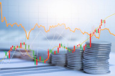 Para yığını ve finans piyasası grafiği, tasarruf parası ve iş konsepti için yatırım, dijital ekonomi ve ekonomik değişim.