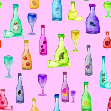 Renkli bir arka planda içtenlikle renklendirilmiş şişe ve bardakların kusursuz deseni. Eşyalar, giysiler, ambalajlar, yatak, içecekler, menü üzerine baskı yapmak için alkollü içecekler ve gözlüklerle kusursuz desen
