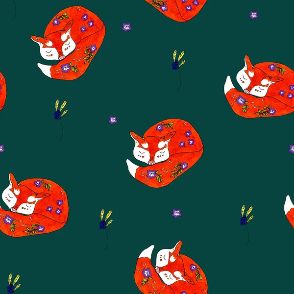 Seamless Autumn Pattern Red Foxes Flowers Stars Colored Background Seamless — Stock Photo, Image